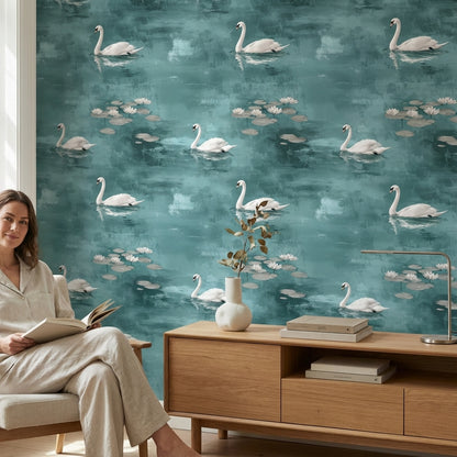 Teal Serenity Swan Lake Scene Wallpaper