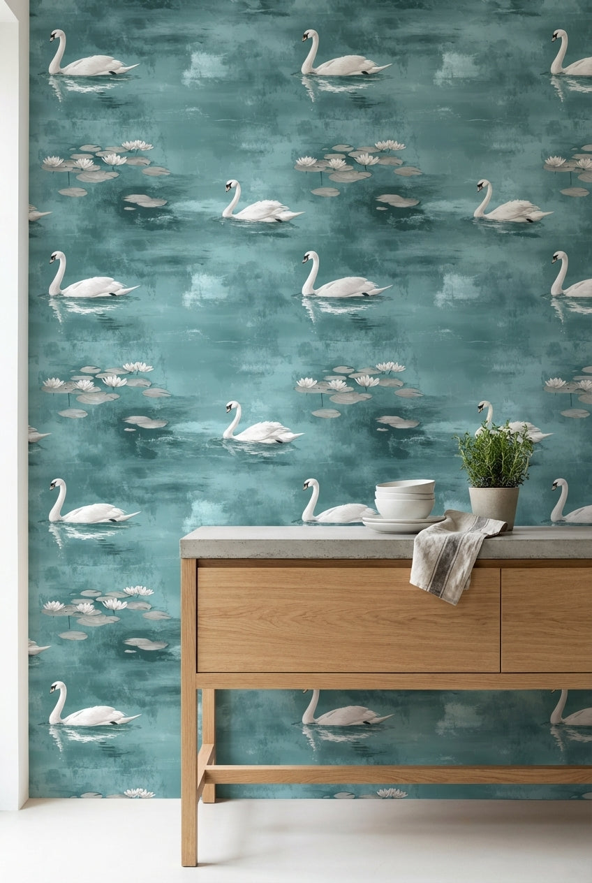 Teal Serenity Swan Lake Scene Wallpaper