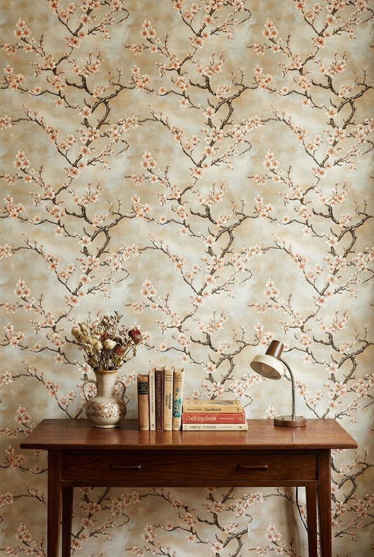 Soft Beige Cherry Blossom Floral Wallpaper