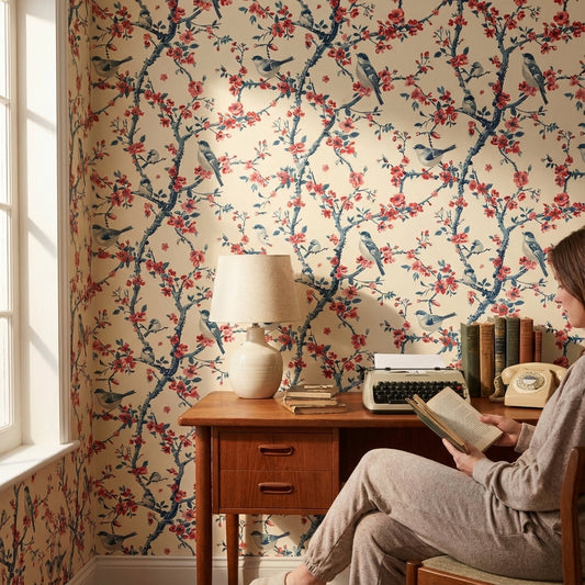 Cream Cherry Blossom and Blue Bird Wallpaper