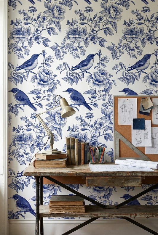 Blue and White Bird Floral Toile Wallpaper