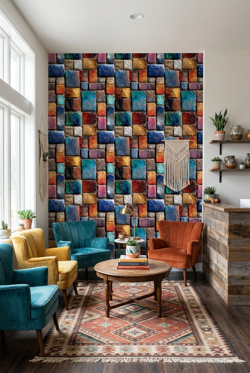 Multicolor Textured Abstract Brick Pattern Wallpaper