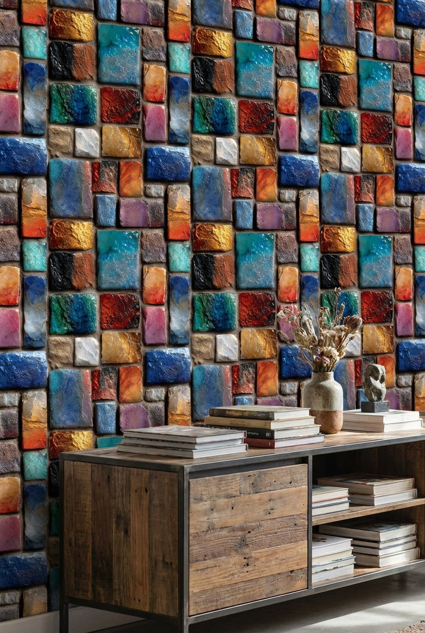 Multicolor Textured Abstract Brick Pattern Wallpaper