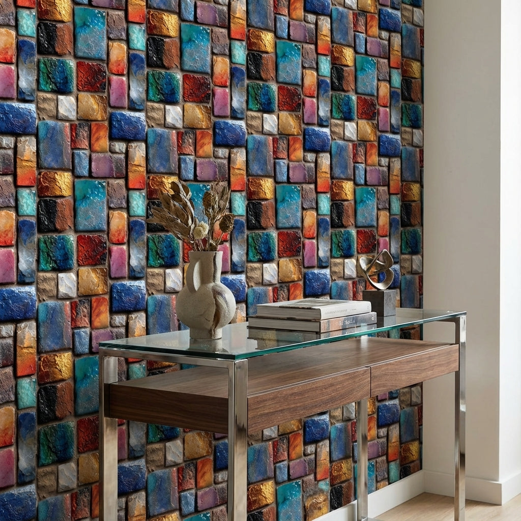 Multicolor Textured Abstract Brick Pattern Wallpaper