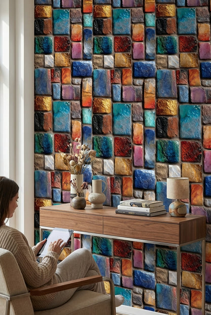 Multicolor Textured Abstract Brick Pattern Wallpaper