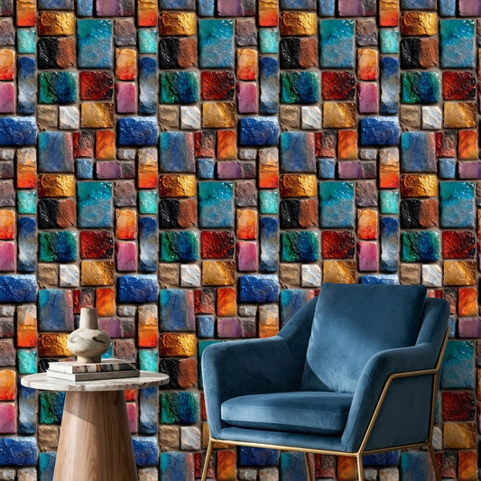 Multicolor Textured Abstract Brick Pattern Wallpaper
