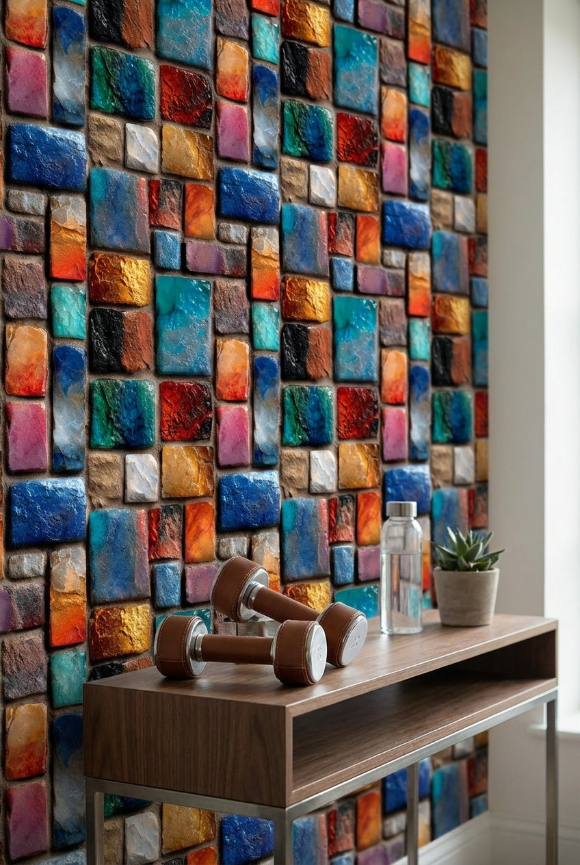 Multicolor Textured Abstract Brick Pattern Wallpaper