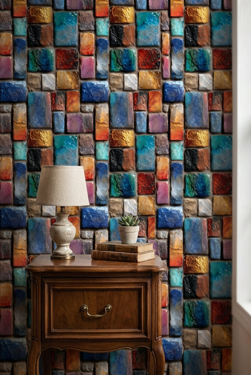 Multicolor Textured Abstract Brick Pattern Wallpaper