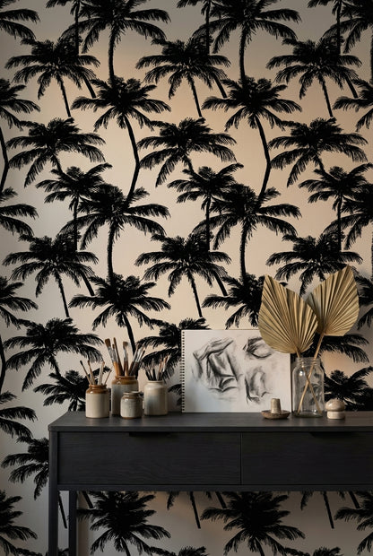 Monochrome Palm Tree Silhouette Tropical Wallpaper