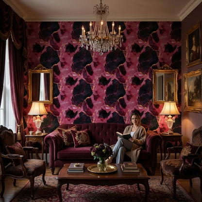 Dark Pink and Black Abstract Marble Pattern Wallpaper