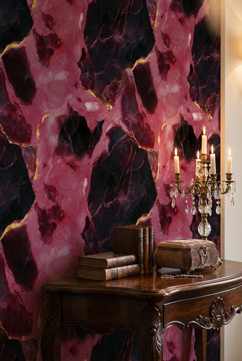 Dark Pink and Black Abstract Marble Pattern Wallpaper