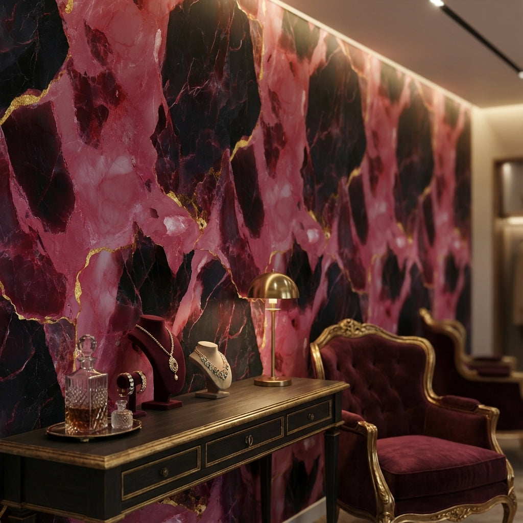 Dark Pink and Black Abstract Marble Pattern Wallpaper