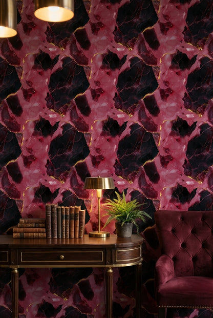 Dark Pink and Black Abstract Marble Pattern Wallpaper