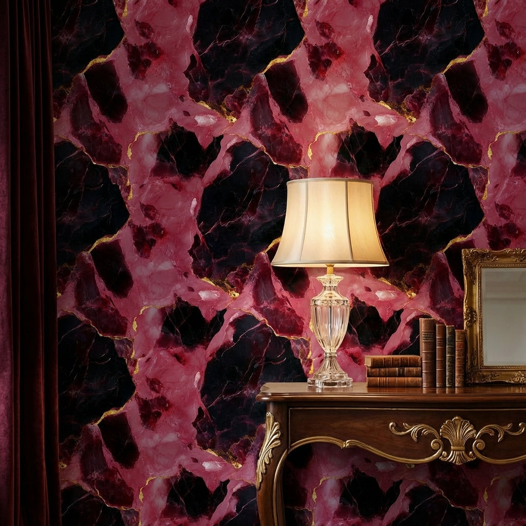Dark Pink and Black Abstract Marble Pattern Wallpaper