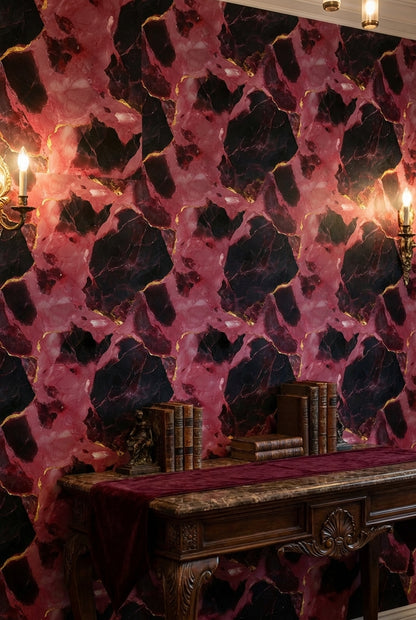 Dark Pink and Black Abstract Marble Pattern Wallpaper