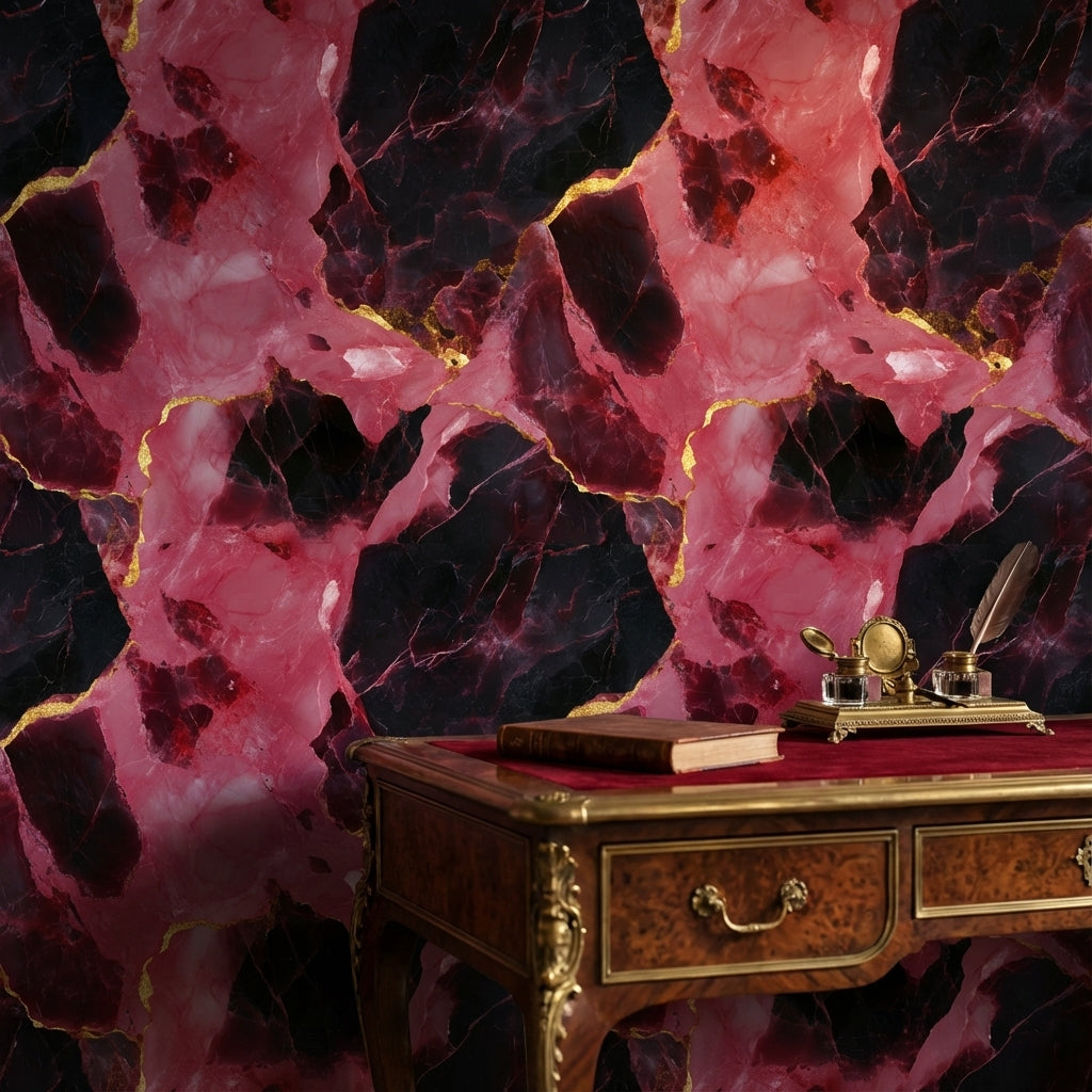 Dark Pink and Black Abstract Marble Pattern Wallpaper