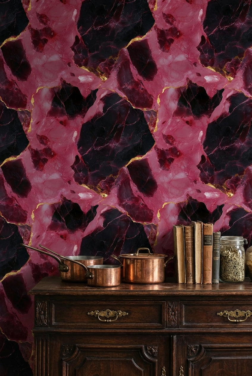 Dark Pink and Black Abstract Marble Pattern Wallpaper
