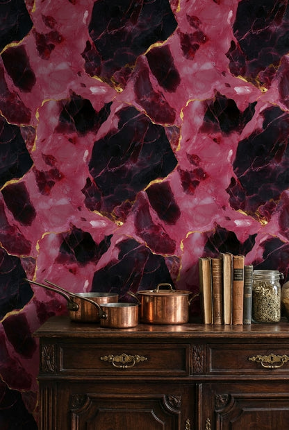 Dark Pink and Black Abstract Marble Pattern Wallpaper