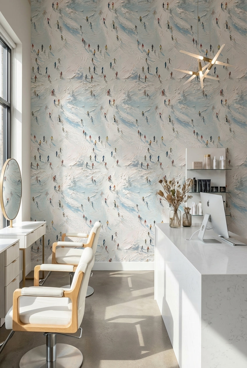 Bright Skiers on Snowy Abstract Wallpaper