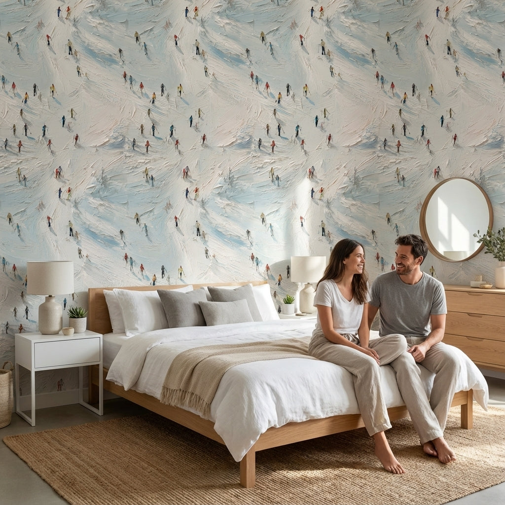 Bright Skiers on Snowy Abstract Wallpaper