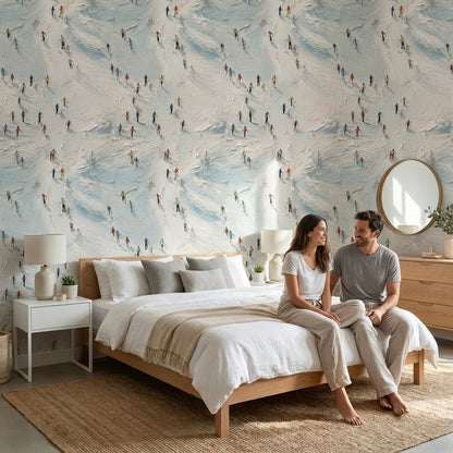 Bright Skiers on Snowy Abstract Wallpaper