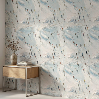 Bright Skiers on Snowy Abstract Wallpaper