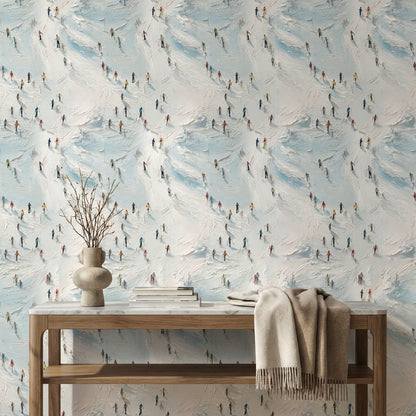 Bright Skiers on Snowy Abstract Wallpaper