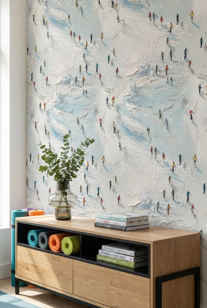 Bright Skiers on Snowy Abstract Wallpaper