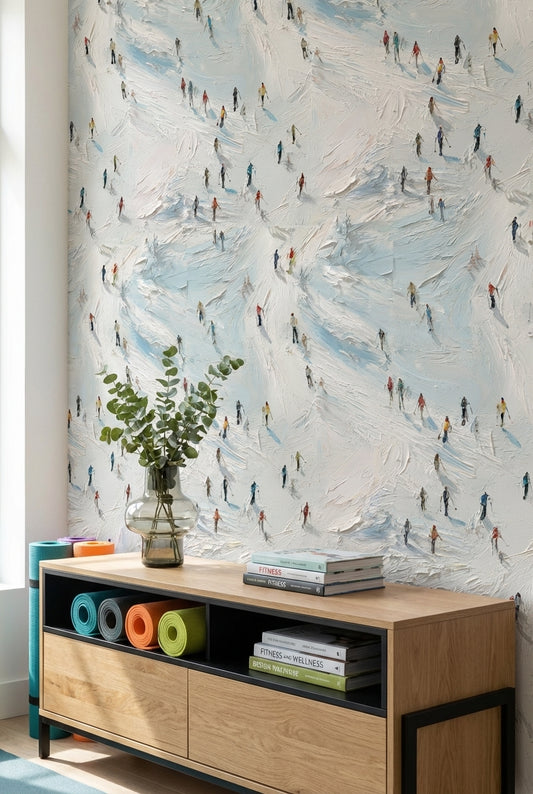 Bright Skiers on Snowy Abstract Wallpaper