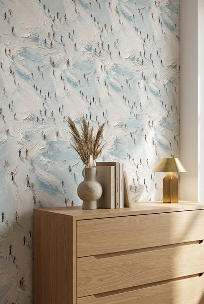 Bright Skiers on Snowy Abstract Wallpaper