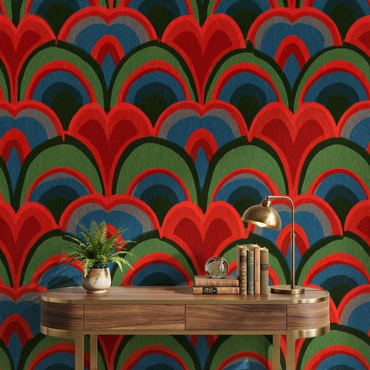 Bold Red and Green Art Deco Pattern Wallpaper