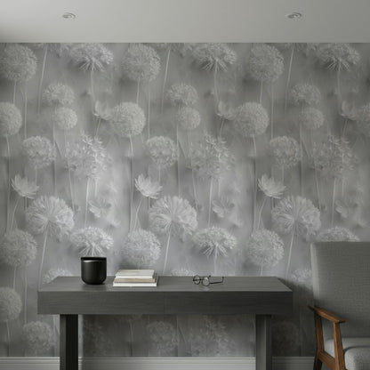 Gray Monochrome Large Floral Wallpaper
