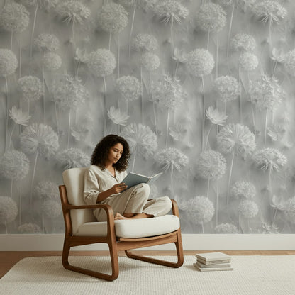 Gray Monochrome Large Floral Wallpaper