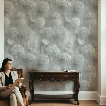 Gray Monochrome Large Floral Wallpaper