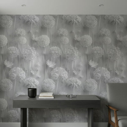 Gray Monochrome Large Floral Wallpaper