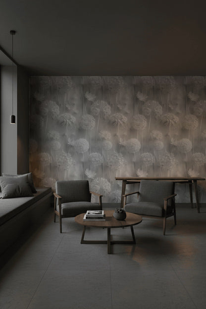 Gray Monochrome Large Floral Wallpaper