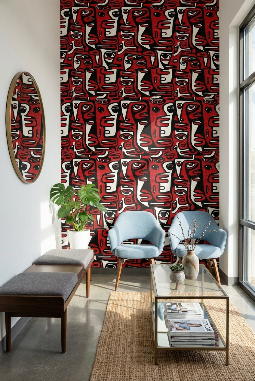 Bold Red and Black Abstract Faces Wallpaper
