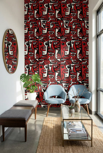 Bold Red and Black Abstract Faces Wallpaper