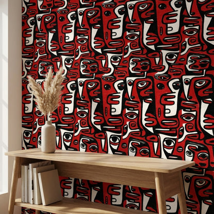 Bold Red and Black Abstract Faces Wallpaper