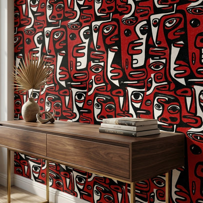 Bold Red and Black Abstract Faces Wallpaper
