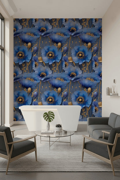 Royal Blue and Gold Look Large Floral Wallpaper