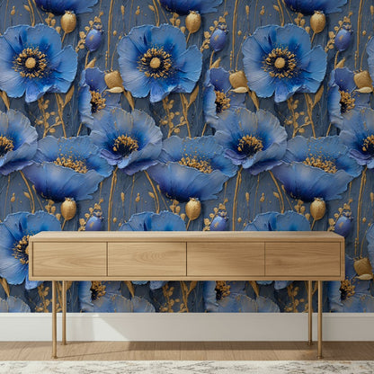 Royal Blue and Gold Look Large Floral Wallpaper