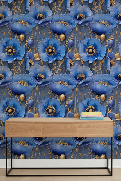 Royal Blue and Gold Look Large Floral Wallpaper