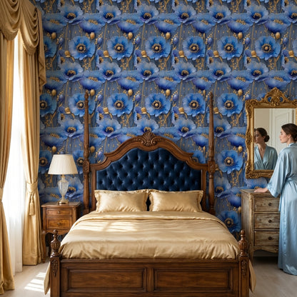 Royal Blue and Gold Look Large Floral Wallpaper