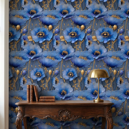 Royal Blue and Gold Look Large Floral Wallpaper