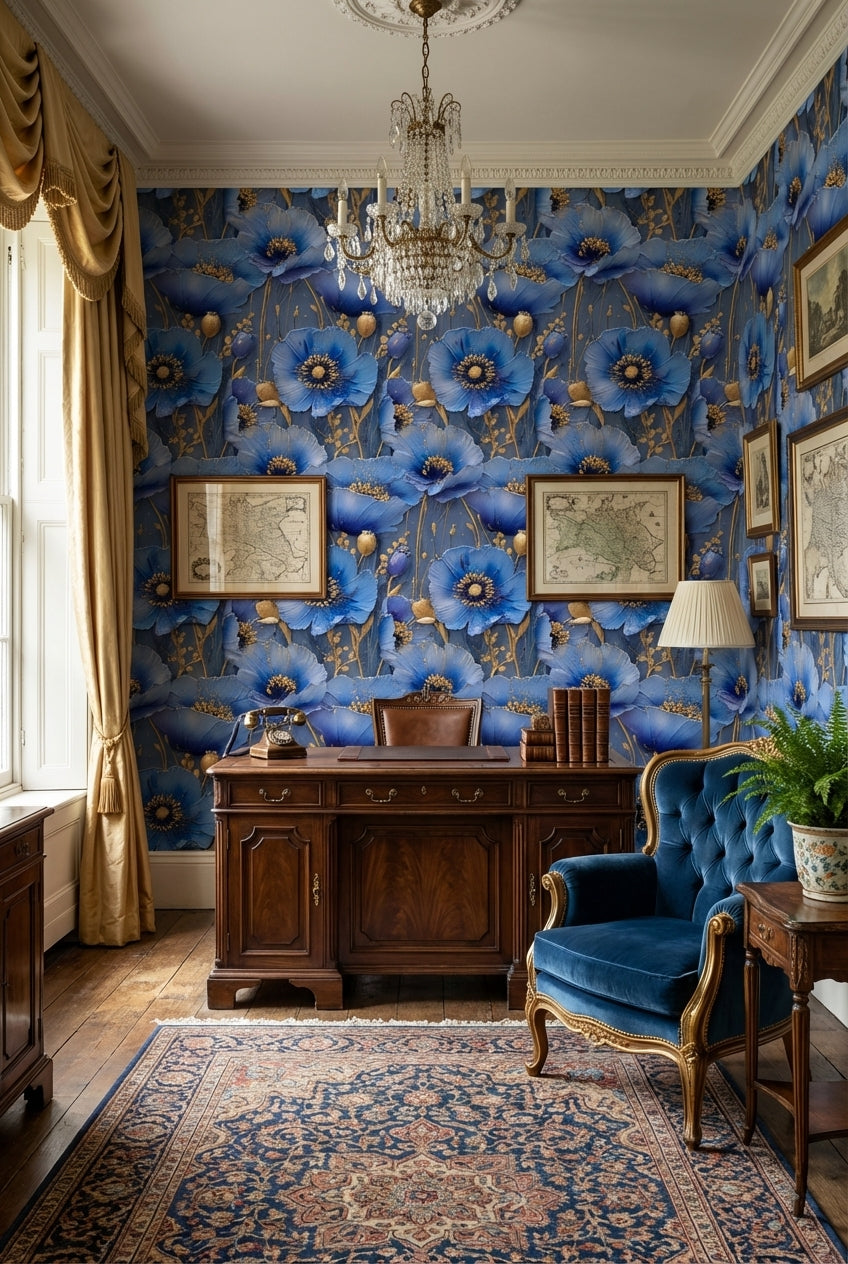 Royal Blue and Gold Look Large Floral Wallpaper