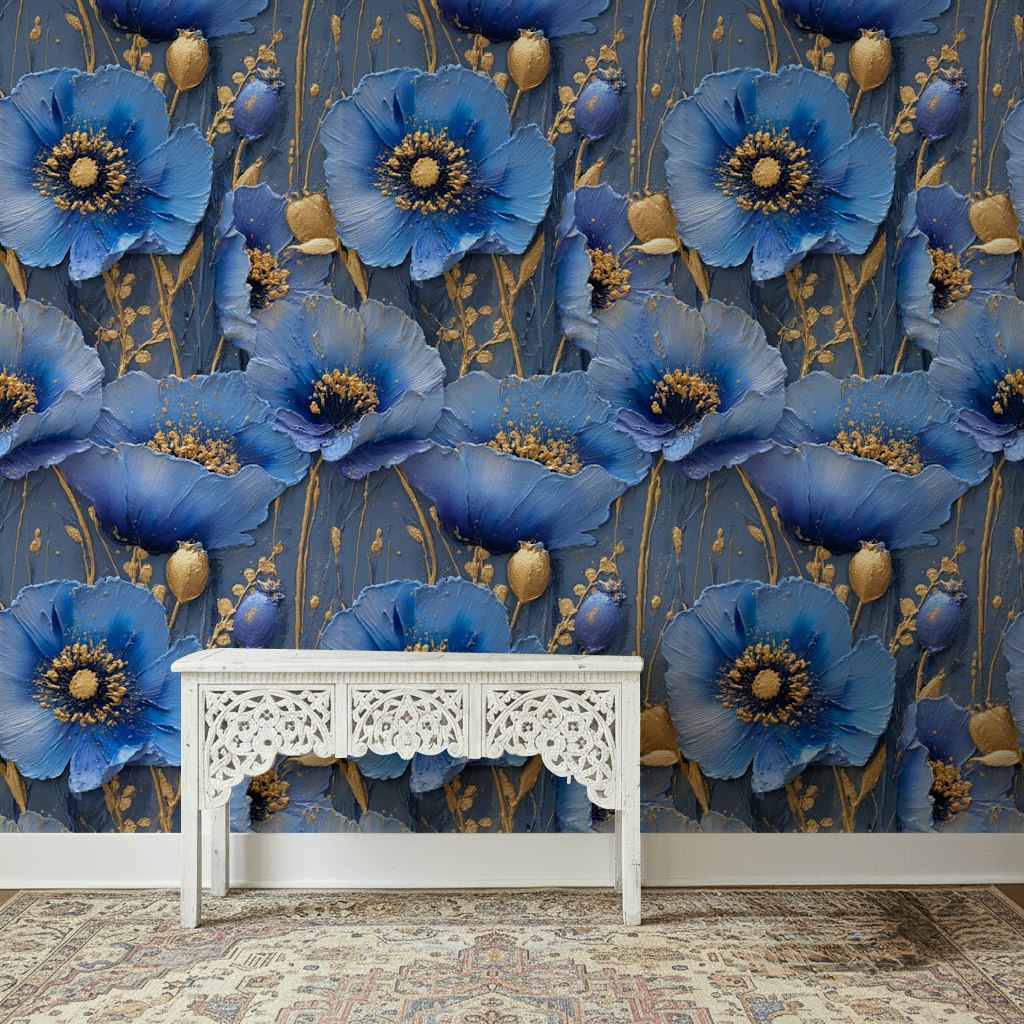 Royal Blue and Gold Look Large Floral Wallpaper
