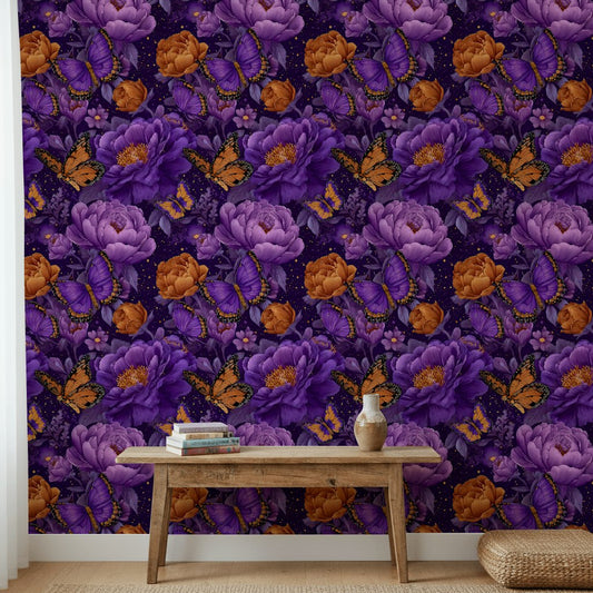 Rich Purple and Orange Peony Butterfly Wallpaper
