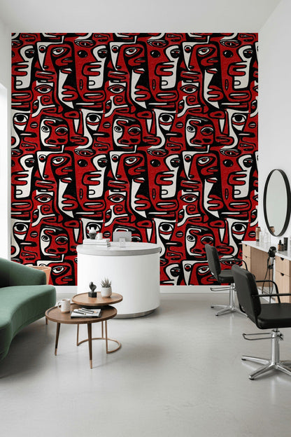 Bold Red and Black Abstract Faces Wallpaper