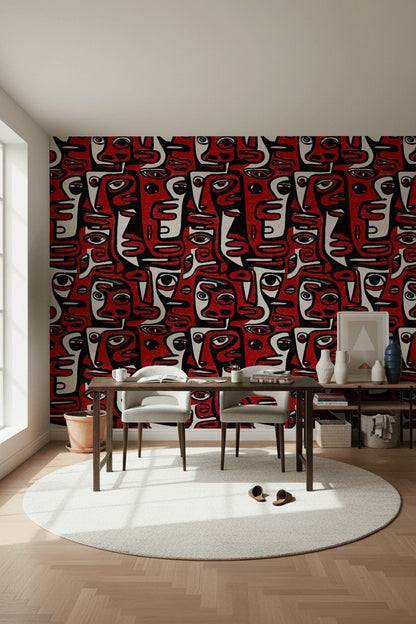 Bold Red and Black Abstract Faces Wallpaper
